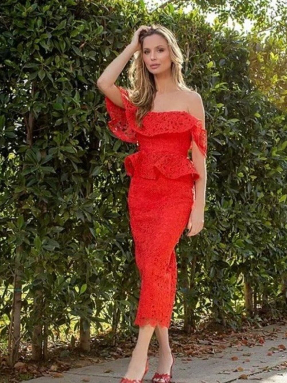 Muse by Marchesa Amaryllis Red Orange Lace Midi Dress 2 NWT Cocktail Wedding